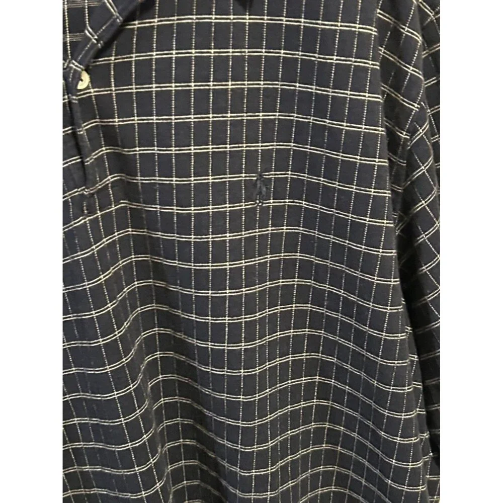 Polo Ralph Lauren XXL Navy Blue White Grid Cotton Linen Polo Shirt